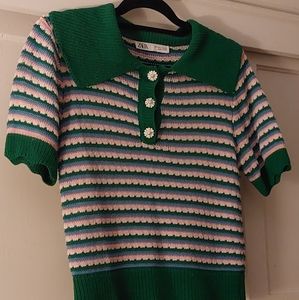 Zara NWT Jewel Button Striped Knit Polo